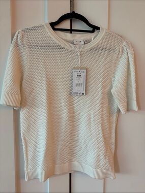 VILA Cream Short-Sleeve Textured Knit Top